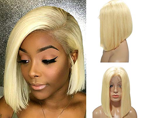 Product Cover Blonde Lace Bob Wig #613 Virgin Human Hair Pre Plucked 13×4 Lace Frontal Straight 10inch Middle Part Short Cut Bob wigs 180% Density for Women(Could be restyle)