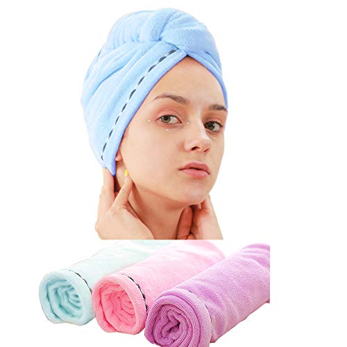 Product Cover 3 Pack Microfiber Hair Towel Wrap BEoffer Super Absorbent Twist Turban Fast Drying Hair Caps with Buttons Bath Loop Fasten Salon Dry Hair Hat Pink Blue Purple