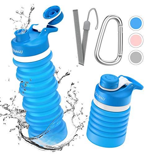 Product Cover Collapsible Foldable Water Bottle - BPA Free FDA Approved Portable Reusable Leakproof Silicone Sports Travel Water Bottle for Outdoor, Gym, Hiking, Cycling with Wrist Lanyard and Carabiner (Blue)