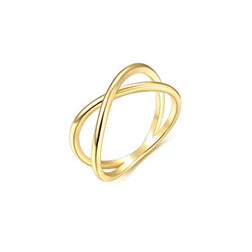 Product Cover Womens 14k Gold Starking Rings,Double X Criss Cross Open Bar Double Bar Parallel Cuff Half Circle Infinity Adjustable Ring Engagement Wedding Lady Girls Band(Ring-X-6)