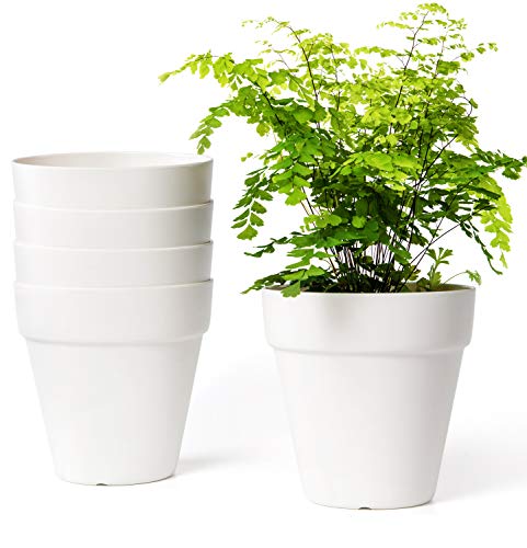 Product Cover Mkono 6.5 Inch Plastic Planters, Set of 5 Indoor Flower Plant Pots Modern Decorative Gardening Pot with Drainage for All House Plants, Herbs, Flowers, Foliage Plant, and Seed Nursery, Cream White