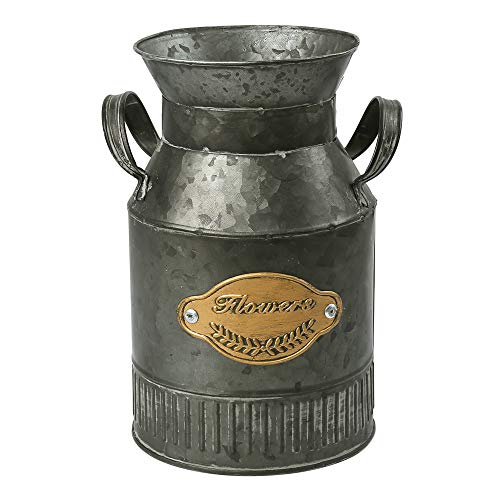 Product Cover WHHOME Shabby Chic Classy Designed Milk Can Galvanized Finish Metal Vase Country Rustic Primitive Decorative Flower Holder, 8.0