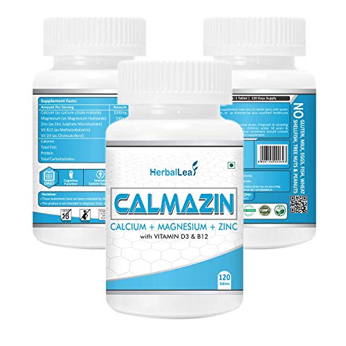 Product Cover HerbalLeaf Calmazin with Calcium | Magnesium | Zinc | Vitamin D3 & B12 | Supports Healthy Bones & Nerves Muscle Function | 120 Tablets | 120 Days Supply