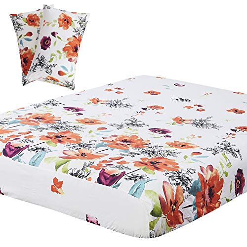 Product Cover Vaulia Lightweight Microfiber Sheets, Flower Printed Pattern, Red/Orange King Size, 3-Piece Set (1 Fitted Sheet, 2 Pillowcases)