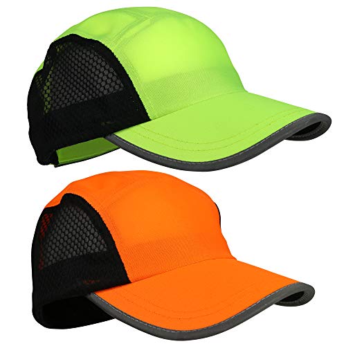 Product Cover Running Hat 2pack for Men and Women Reflective Gear for Night Safety Great for Jogging, Sports and Outdoors | Mesh Panel for Breathability, Quick Dry, Lightweight, Pink Visor (orange/green)