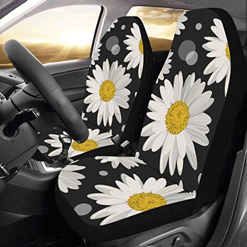 Product Cover Floral Golden White Yellow Love Daisy Custom New Universal Fit Auto Drive Car Seat Covers Protector for Women Automobile Jeep Truck SUV Vehicle Full Set Accessories for Adult Baby (Set of 2 Front)