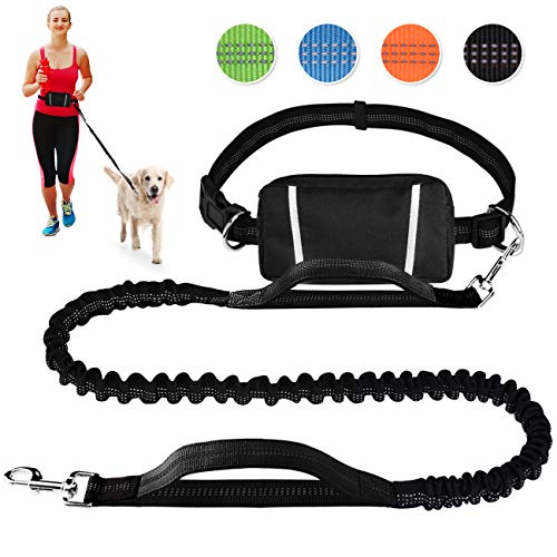 Product Cover Hands Free Dog Leash Bungee Retractable Dog Running Waist Leash for Running Walking Jogging Training Hiking with Medium to Large Dogs, Adjustable Waist Belt Pouchouch, Reflective Stitches, Dual Handle