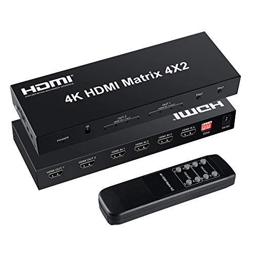 Product Cover FERRISA 4x2 HDMI Matrix Switch,4 in 2 Out Matrix HDMI Video Switcher Splitter +Optical & L/R Audio Output,Support Ultra HD 4K x 2K,3D 1080P,Audio EDID Extractor with IR Remote Control &Power Adapter