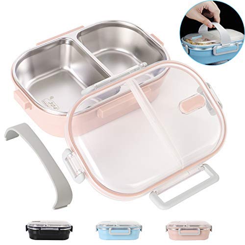Product Cover Buringer Lunch Bento Box Insulated Stainless Steel Square Food Storage Container Leakproof with 2 Sealed Compartment for Woman Man Work (Pink with Removable Silicone Handle)