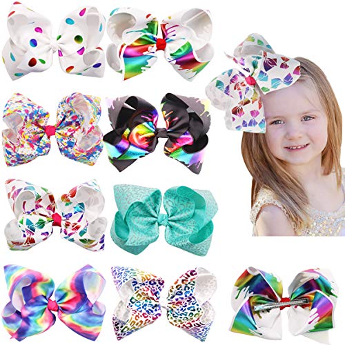 Product Cover DED 8 Pcs Big Large Hair Bows 8 Inch Rainbow Sparking Colorful Grosgrain Ribbon Alligator Clips for Baby Girls Teens Kids