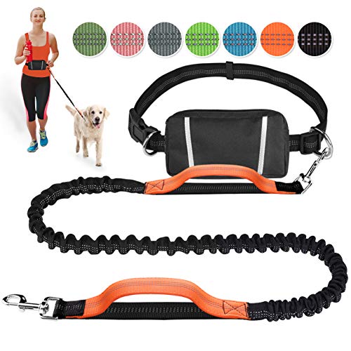Product Cover Hands Free Dog Leash Retractable Bungee Heavy Duty Dog Running Waist Leash for Running Walking Jogging Training Hiking with Medium to Large Dogs, Waist Belt Pouch, Reflective Stitches, Dual Handle