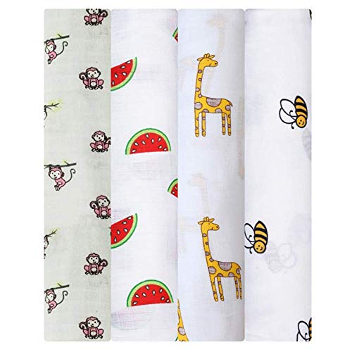 Product Cover Mom's Home Organic Cotton Super Soft Baby Muslin Cloth Swaddle - 0-12 Months - Pack of 4 - Monkey, Bee, Giraffe, Icecream
