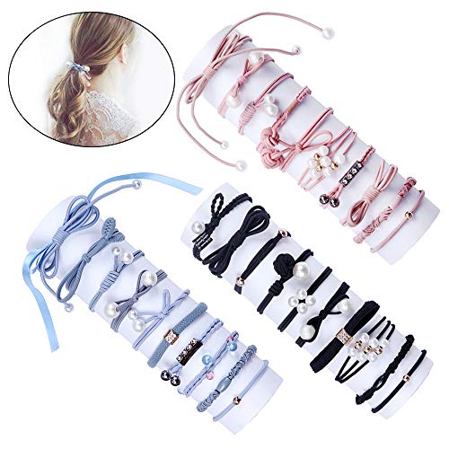 Product Cover 30 Pieces Lucky Bowknot Hair Ties for Ladies and Women High Elasticity Hair Scrunchies Fashion Pearls Ponytail Holders Hair Rope Elastic Rubber Bands for Thick or Thin Hair (Black,Blue,Pink)