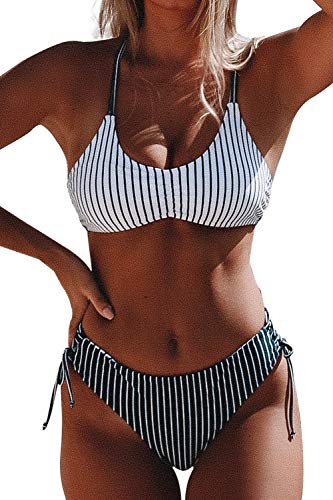 Product Cover CUPSHE Women's Stripe Back Braided Straps Reversible Tank Top Strappy Lace Up Bikini Sets