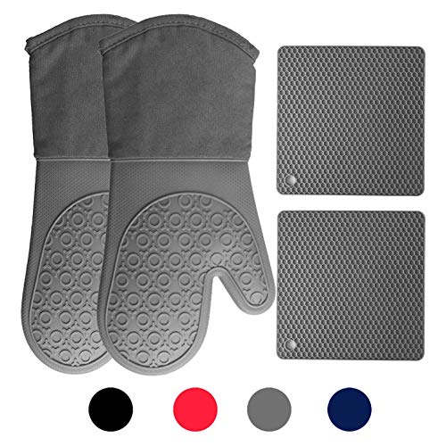 Product Cover HOMWE Silicone Oven Mitts and Pot Holders (4-Piece Set) Heavy Duty Cooking Gloves, Kitchen Counter Safe Trivet Mats | Advanced Heat Resistance, Non-Slip Textured Grip(Gray)