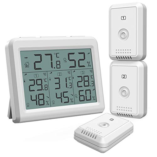 Product Cover (NEW) AMIR Indoor Outdoor Thermometer, Temperature Humidity Monitor with 3 Wireless Sensors, Humidity Gauge with LCD Backlight, Room Thermometer Hygrometer for Home, Office, Baby Room