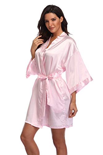 Product Cover Women's Short Satin Kimono Bride Bridesmaid Wedding Robes Dressing Gown,Pink