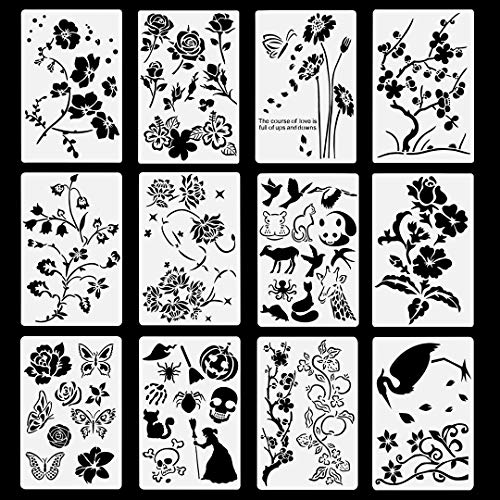 Product Cover Poproo Painting Stencils Set Drawing Templates - for Kids, Bullet Journaling, Decorating (12 Pack, 10.2x6.7 inch)
