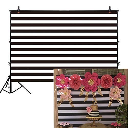 Product Cover Allenjoy 8x6ft Fabric Black and White Stripes Backdrop for Birthday Wedding Party Dessert Table Decor Studio Photography Pictures DIY Photo Booth Striped Banner Background Baby Bridal Shower Newborn
