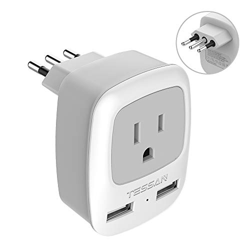 Product Cover Italy Travel Power Adapter, TESSAN 3 Prong Grounded Plug with Dual USB Charging Ports, AC Outlet Adaptor for USA to Italy Uruguay Chile Italian (Type L)