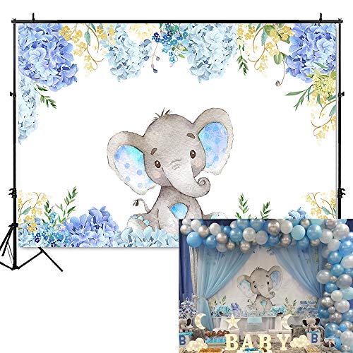 Product Cover Mehofoto Boy Elephant Baby Shower Backdrop Light Blue Flower Elephant Photography Background 7x5ft Vinyl Elephant Birthday Party Banner Backdrops