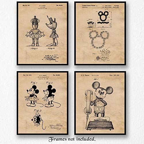 Product Cover Vintage Mickey & Minnie Mouse Vintage Style Patent Poster Prints, Set of 4 (8x10) Unframed Photos, Wall Art Decor Gifts Under 20 for Home, Office, Man Cave, College Student, Teacher, Disney Fan