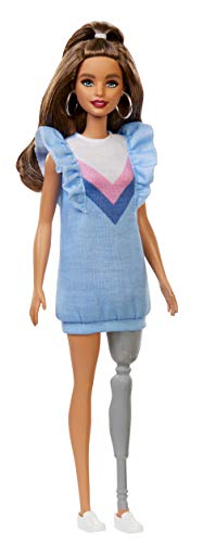 Product Cover  Barbie Fashionistas Doll with Long Brunette Hair and Prosthetic Leg Wearing Sweater Dress and Accessories, for 3 to 8 Year Olds