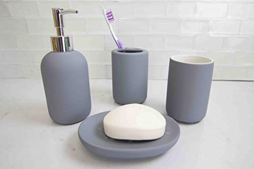 Product Cover Home Basics Id Beautiful 4 Pcs Rubberized Durable Bath Accessory Set-Decorative Lotion Dispenser/Dish/Tumbler/Toothbrush Holder (Grey) Perfect Gift & Decorating Idea
