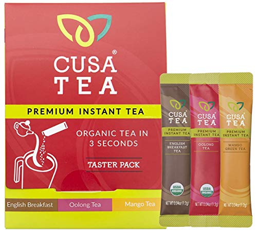 Product Cover Tea Sampler by Cusa Tea - Premium Instant Tea - USDA Organic Certified Tea and Real Fruit - English Breakfast, Mango Green and Oolong - Zero Sugar, Preservatives or Flavorings (3 servings)