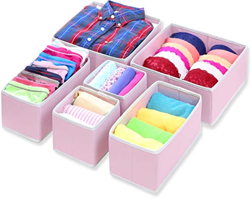 Product Cover Simple Houseware Foldable Cloth Storage Box Closet Dresser Drawer Divider Organizer Basket Bins for Underwear Bras, Pink (Set of 6)