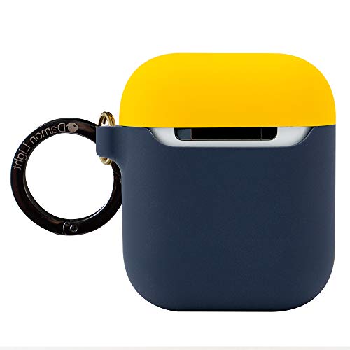 Product Cover DamonLight Premium Silicone Airpods Case with Carabiner[Front LED Visible][with no Hinge] Full Protective Cover Skin Compatible with Apple Airpods 1&2 (Yellow+ Midnight Blue)