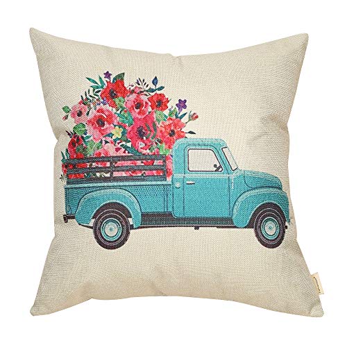 Product Cover Fahrendom Vintage Floral Truck Retro Farmhouse Decor Spring Summer Flower Sign Decoration Cotton Linen Home Decorative Throw Pillow Case Cushion Cover for Sofa Couch, 18 x 18 in