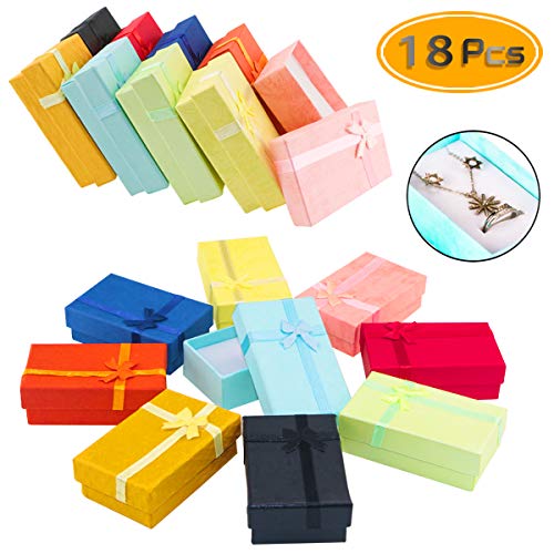 Product Cover PRALB 18PCS Assorted Jewelry Gifts Boxes, Cardboard Ring Boxes with Padding Gifts Paper Boxes Jewelry Storage Cube Satin Ribbons Bowknot (9 Colors, 3.15
