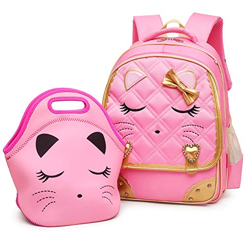 Product Cover Efree Cute Cat Face Bow Diamond Bling Waterproof Pink School Backpack Girls Book Bag (Large, Pink Set)