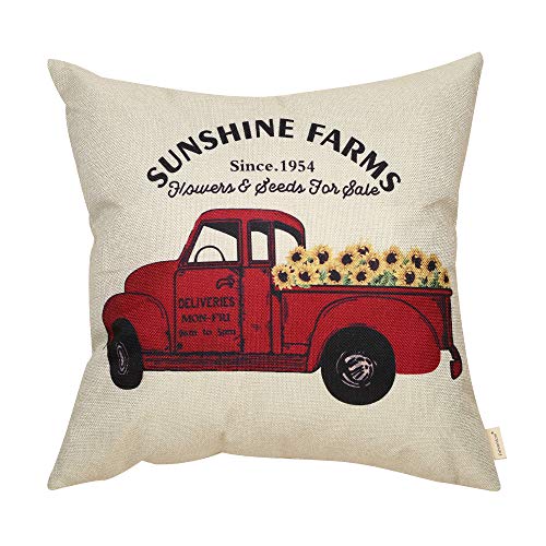 Product Cover Fahrendom Sunshine Farms Sunflower Vintage Red Truck Rustic Farmhouse Decor Spring Summer Sign Decoration Cotton Linen Home Decorative Throw Pillow Case Cushion Cover for Sofa Couch, 18 x 18 in