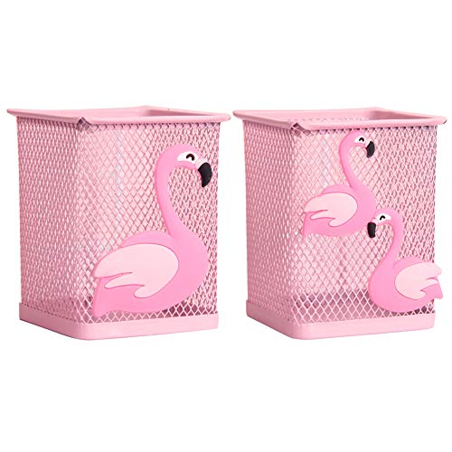 Product Cover Trycooling 2 Pack Metal Cute Pen Pencil Holder Office Home Desk Square Pencil Cup Caddy Box Makeup Brush Holders for Girls (Flamingo)