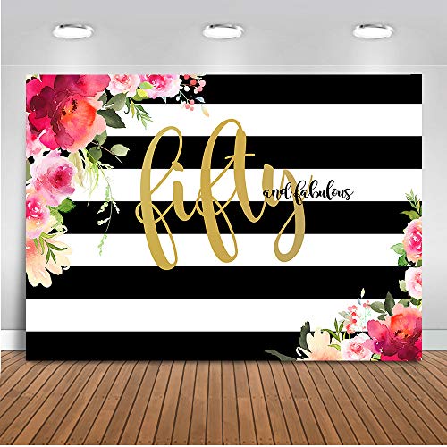 Product Cover Mehofoto Fifty and Fabulous Backdrop Flower Stripes 50th Birthday Photography Background 7x5ft Vinyl Women 50th Birthday Party Banner Backdrops