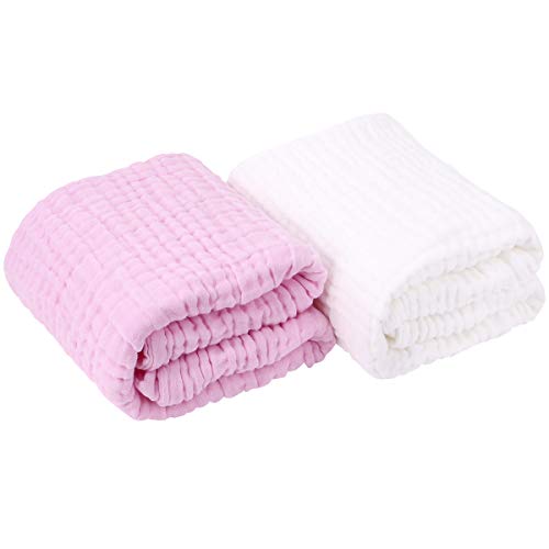 Product Cover Newborn Muslin Baby Towel Cotton Gauze Super Soft Baby Bath Towels 6 Layers Infant Towels 2 Pack 43.3''x43.3''(White,Pink)