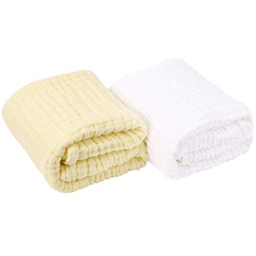 Product Cover AIMIUKIDS Newborn Muslin Baby Towel Cotton Gauze Super Soft Baby Bath Towels 6 Layers Infant Towels 2 Pack 43.3''x43.3''(White,Yellow)