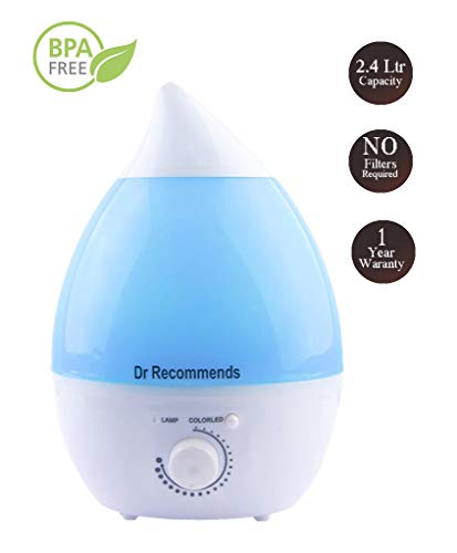 Product Cover Dr Recommends Ultrasonic Cool Mist Humidifier Essential Aroma Oil Diffuser for Bedroom Living Room Baby Office Night Light Large 2.4L Water Tank, Quiet, Auto Shut-Off, Blue Color