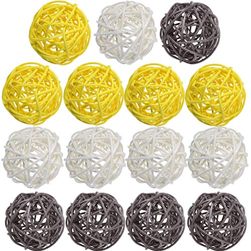 Product Cover Yaomiao 15 Pieces Wicker Rattan Balls Decorative Orbs Vase Fillers for Craft, Party, Wedding Table Decoration, Baby Shower, Aromatherapy Accessories, 1.8 Inch (Yellow Gray White)