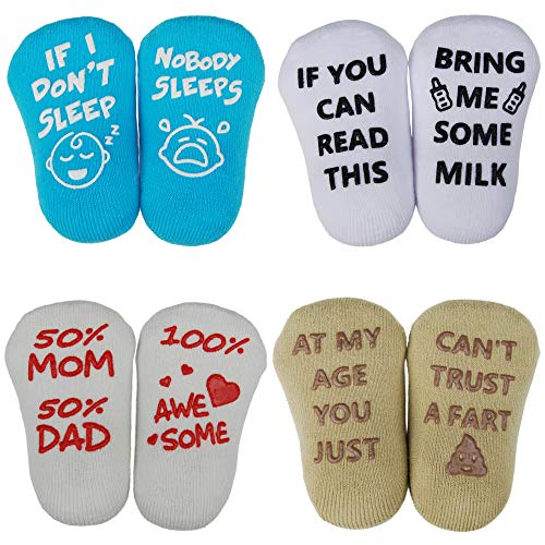 Product Cover Baby Socks Baby Shower Gift Box Set | 4 Pairs Funny Newborn Present | Cute 3-12 Months Old Baby Girl or Baby Boy Quote Socks