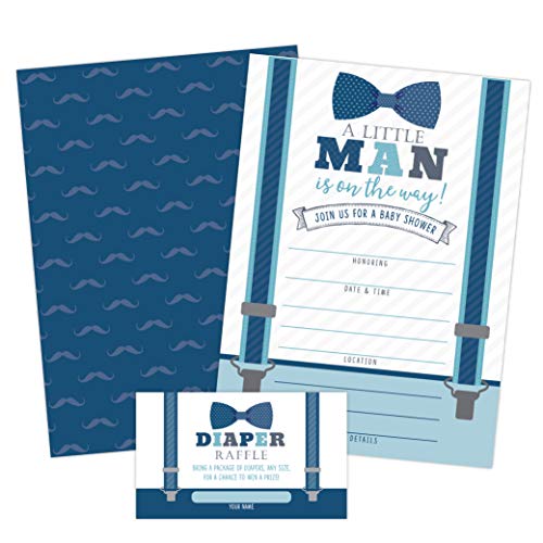 Product Cover Little Man Baby Shower Invitations, Boy Baby Shower Invites with Diaper Raffles Cards, Bow Tie and Mustaches, Sprinkle, 20 Invites Including Envelopes