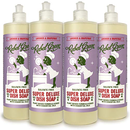 Product Cover Rebel Green Super Deluxe Dish Soap, 4 Pack, Natural, Sulfate-Free, Biodegradable, and Hypoallergenic Dishwashing Liquid - 16 Ounce Bottles, Lavender and Grapefruit