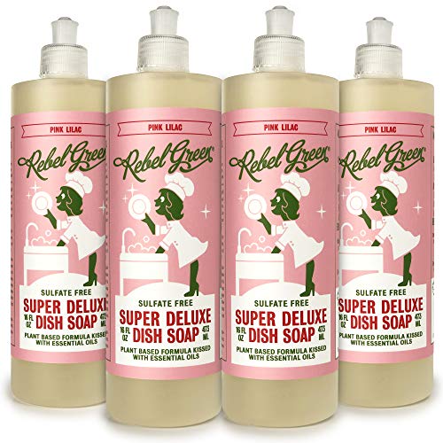 Product Cover Rebel Green Super Deluxe Dish Soap, 4 Pack, Natural, Sulfate-Free, Biodegradable, and Hypoallergenic Dishwashing Liquid - 16 Ounce Bottles, Pink Lilac