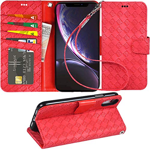 Product Cover Arae Wallet Case for iPhone xr 2018 PU Leather flip case Cover [Stand Feature] with Wrist Strap and [4-Slots] ID&Credit Cards Pocket for iPhone Xr 6.1 inch (Weave Red)