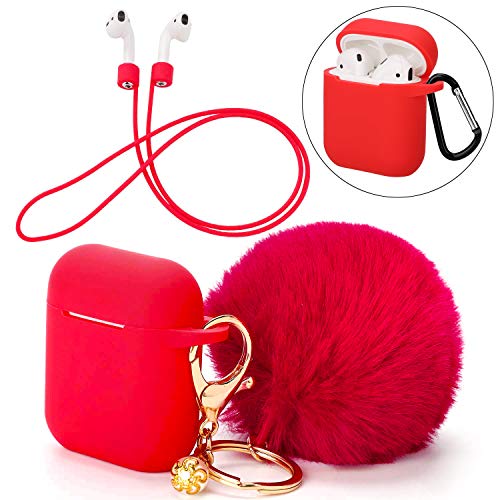 Product Cover Protective Silicone Cover Skin Compatible with Apple Airpods Charging - Drop Proof Case Cover with Fluffy Pompom Keychain and Anti-Lost Strap Accessories Kit Compatible Airpod Charging Case (Red)