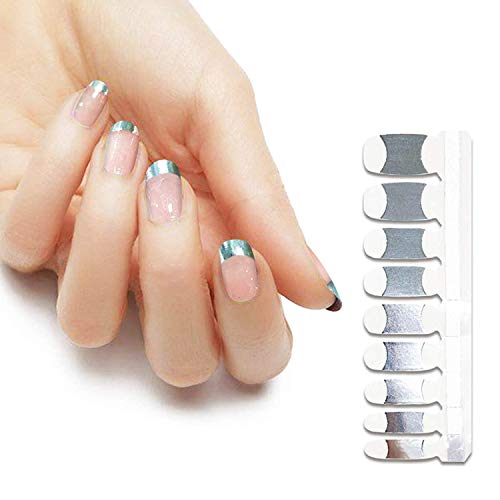 Product Cover HIGH'S Glitter Series French Nail Wraps Decals Art Transfer Sticker Manicure DIY Full Nail Polish Patch Strips for Wedding, Party, Shopping, Travelling, 18pcs (French-Silver Glitter Gradient)