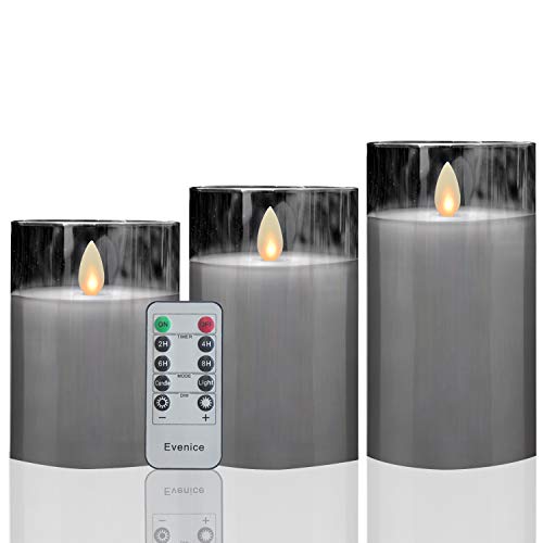 Product Cover Evenice Smoke Glass Flameless Candles Flickering,Battery Operated Real Wax Unscented Candles with Timer and 10-Key Remote for Christmas (Set of 3)
