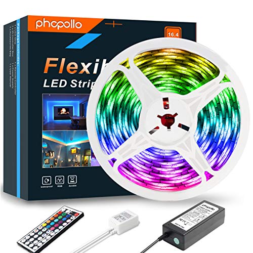 Product Cover PHOPOLLO LED Strip Lights, 16.4ft RGB Color Changing 5050 300LEDs Waterproof Flexible LED Tape Light Kit with 44 Key IR Remote Controller and 12V Power Supply for Room, Bedroom and Xmas